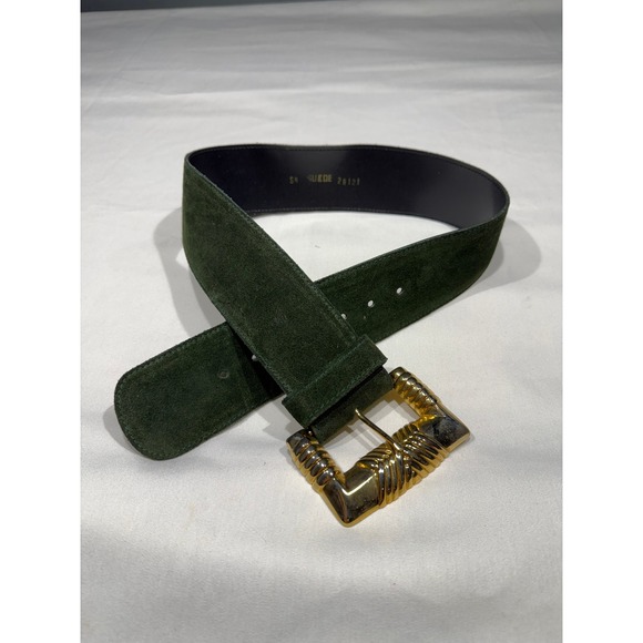 Accessories - Vintage Green Suede Wide Waist Belt Gold Ribbed Buckle Size Small 28121